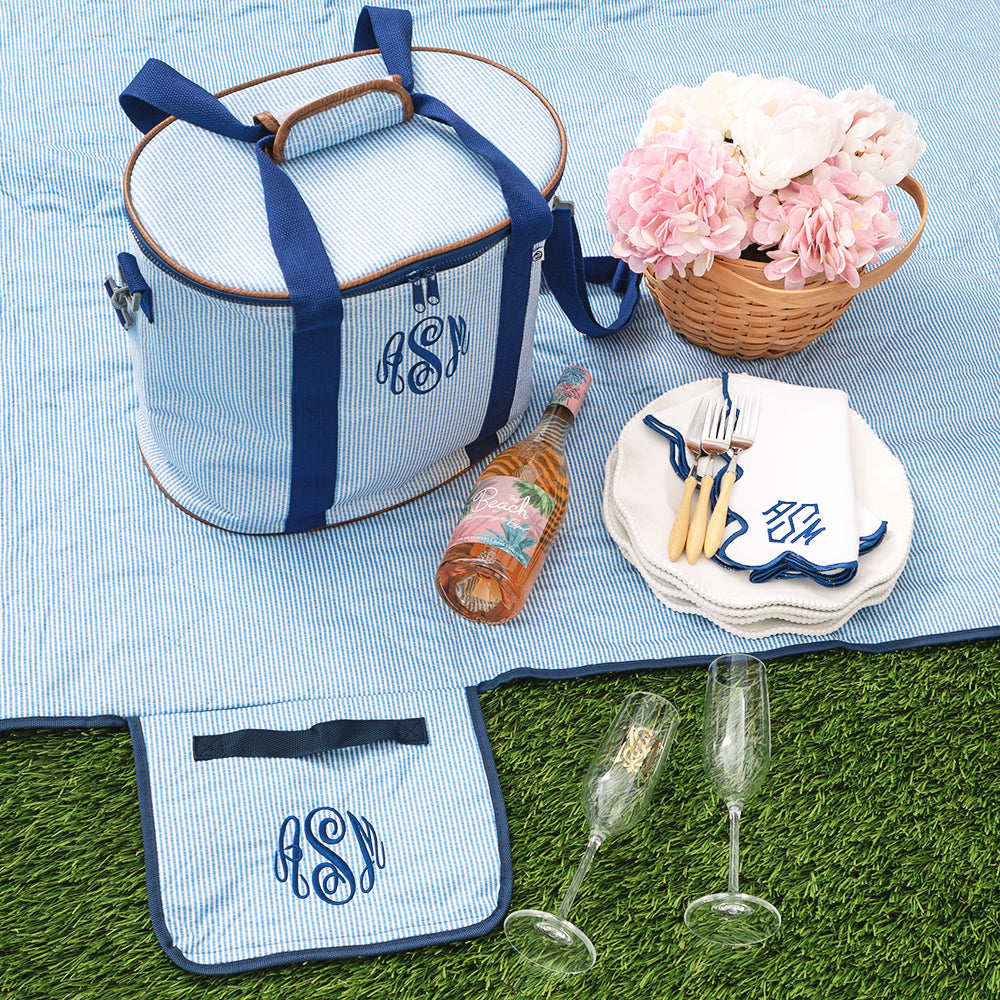 monogrammed navy seersucker cooler and picnic blanket
