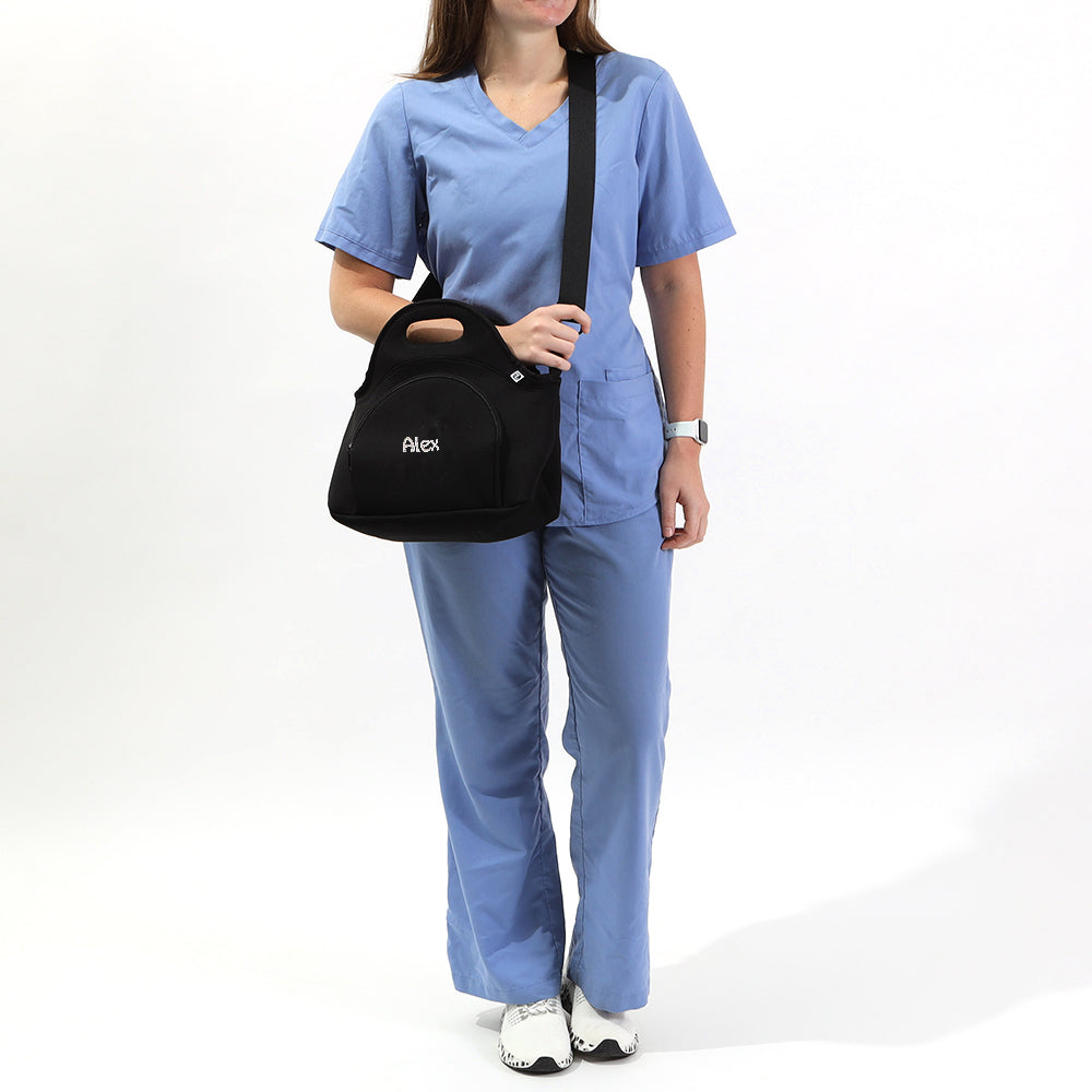 nurse scrubs with monogrammed lunch bag