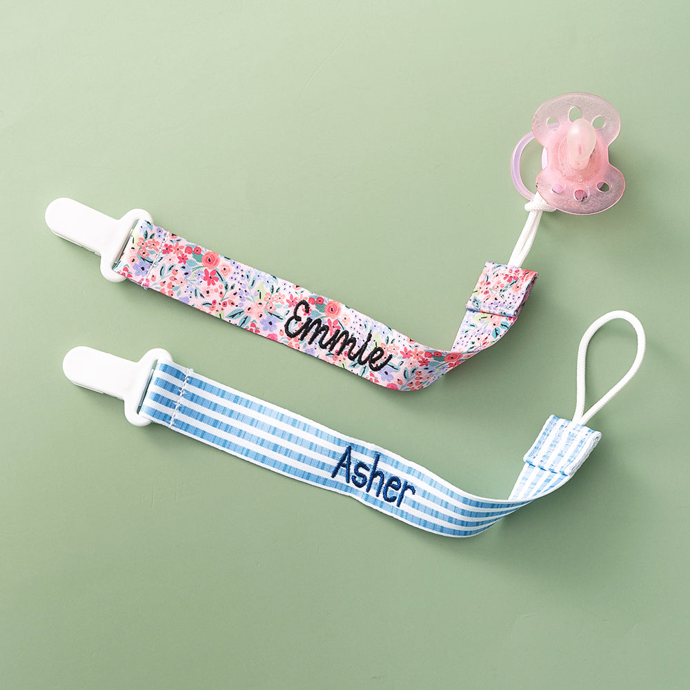 navy seersucker and coral floral monogrammed paci clips