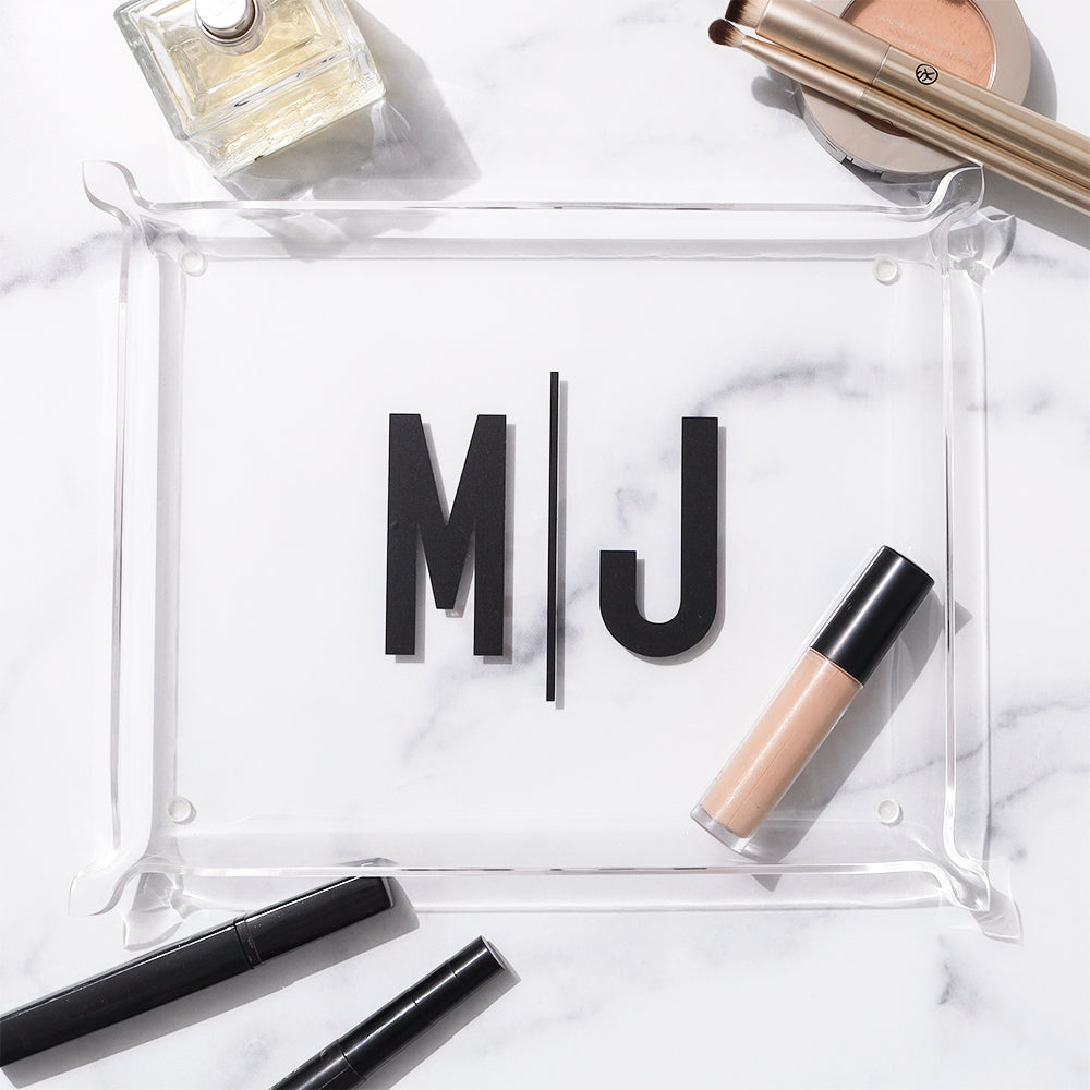 acrylic catchall tray with black initials