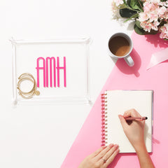 acrylic catchall tray with pink monogram and notepad