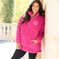 hot pink sherpa pullover on peyton