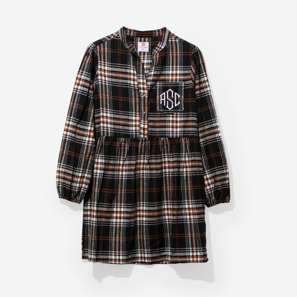 monogrammed plaid dress in autumn twilight plaid