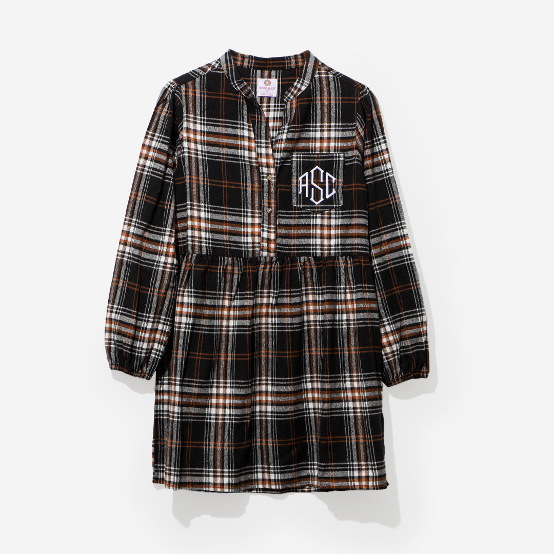 monogrammed plaid dress in autumn twilight plaid