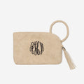 monogrammed wristlet clutch in taupe