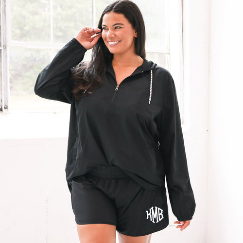 [julia-ann] athletic shorts on plus size model with mirror silver monogram