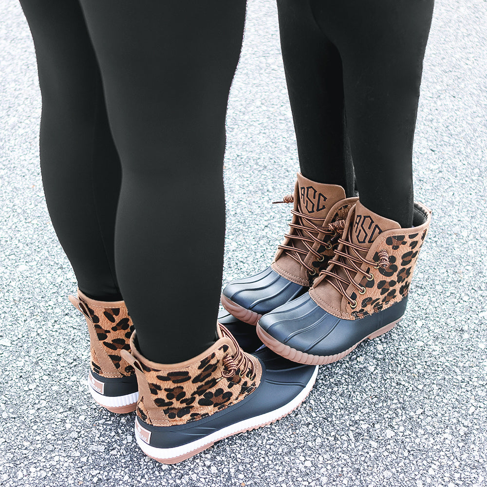 Mom and me leopard duck boots outside