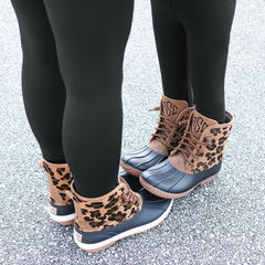 Mom and me leopard duck boots outside