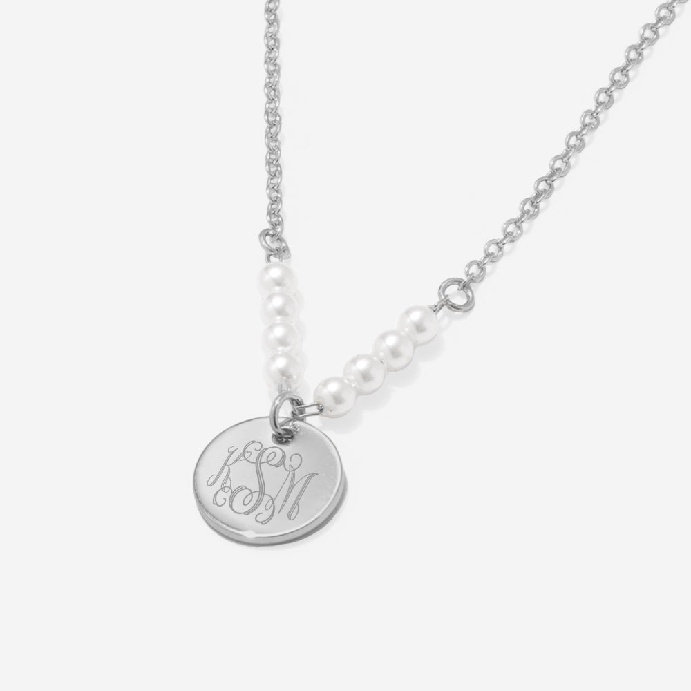 monogrammed pearl necklace in silver upclose interlocking