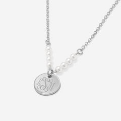 monogrammed pearl necklace in silver upclose interlocking