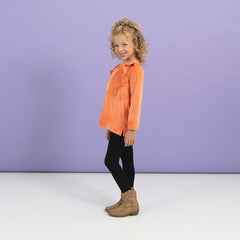 wearing softspun ruffle Sweatshirt in pumpkin from side