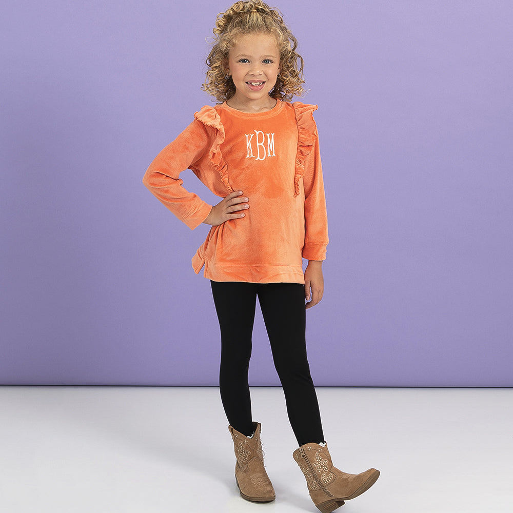 wearing softspun ruffle Sweatshirt in pumpkin hand on hip