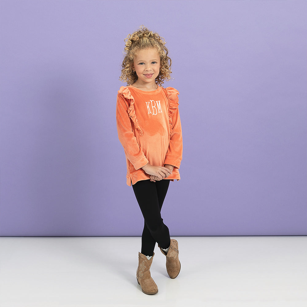 wearing softspun ruffle Sweatshirt in pumpkin