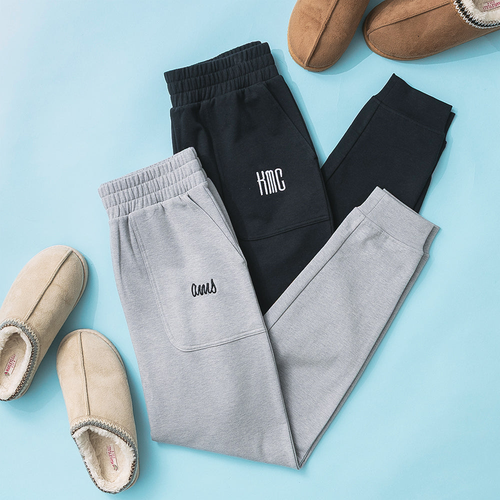 black and heathered grey personalized joggers