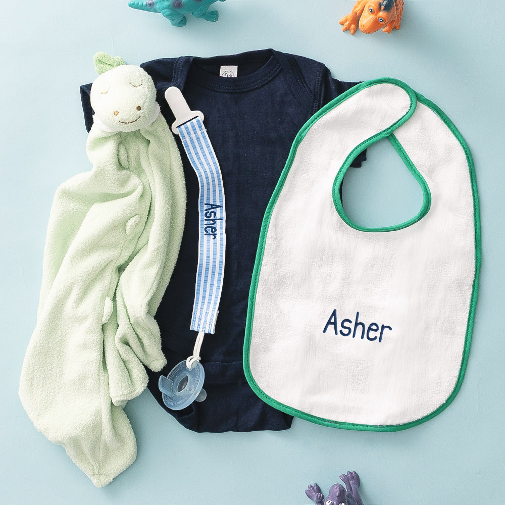 personalized paci clip in navy seersucker with bib and lovie