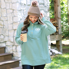 button up sweatshirt tunic in mint sage with beanie