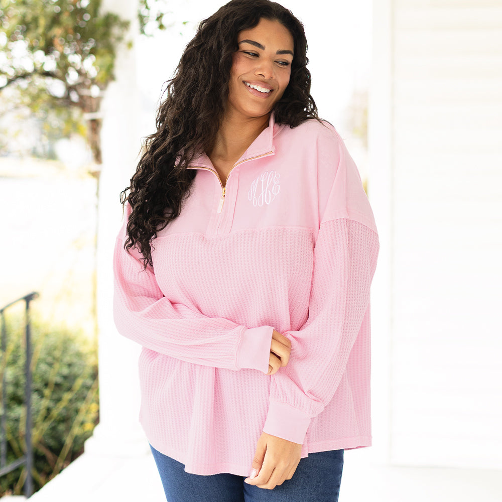 light pink waffle knit pullover on julia ann