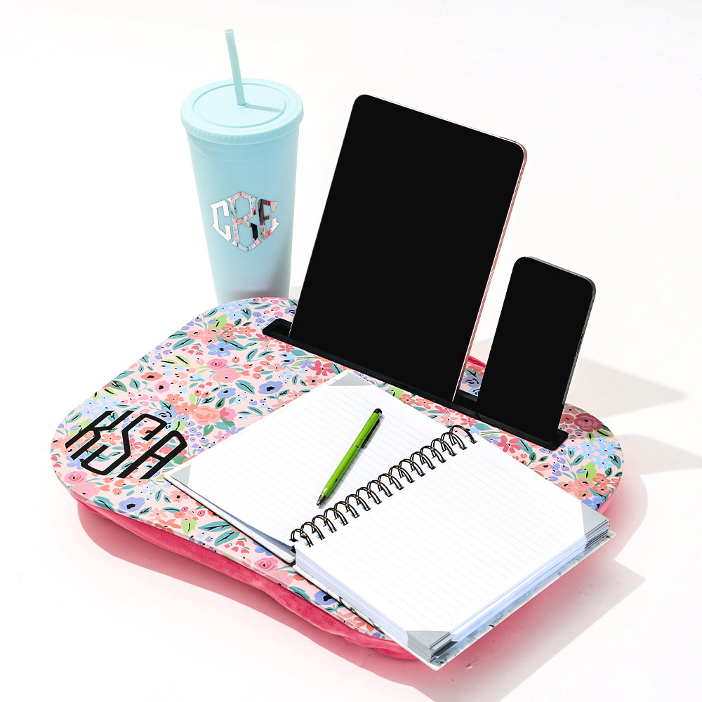 coral floral lap desk studio shot
