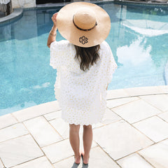back of monogrammed metallic gold leopard swimsuit cover up