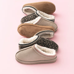 line of kids moccasins in tan pink leopard and hickory