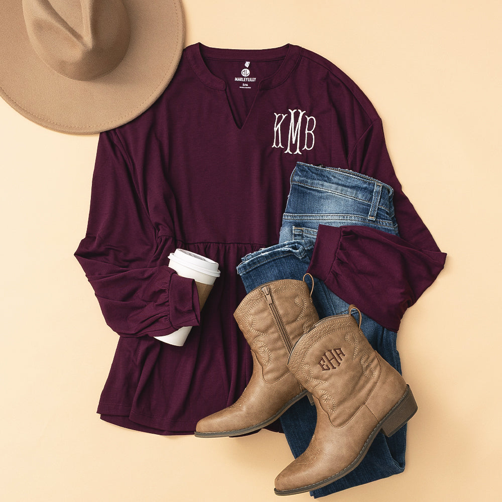 plum monogrammed peplum top ootd
