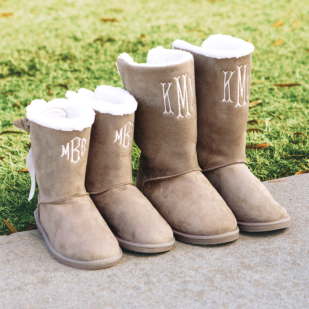 mom and me tan sherpa tie booties