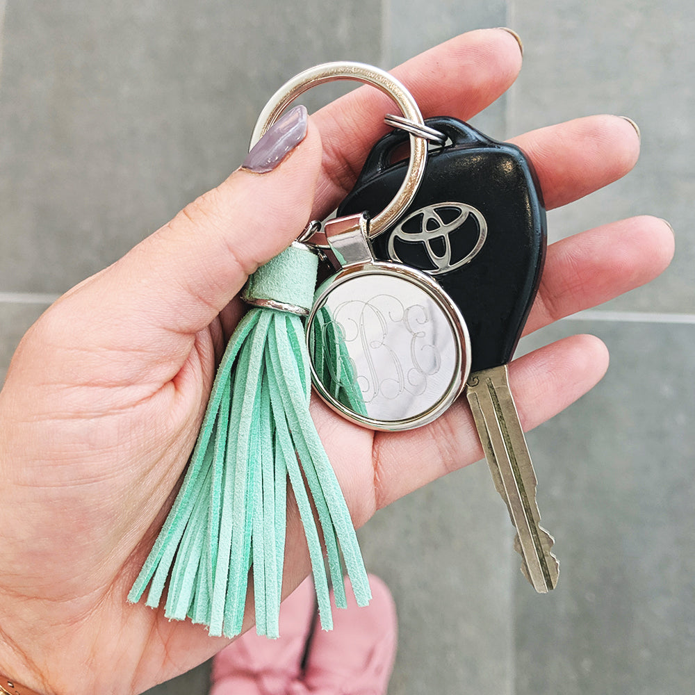 mint monogrammed tassel key chain with car key