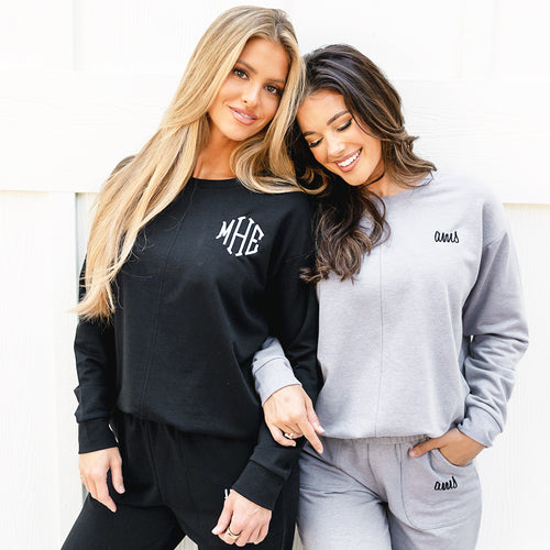 [rachel, peyton] duo open back sweatshirts in black and heathered gray