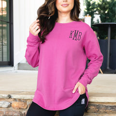magenta open back sweatshirt on peyton
