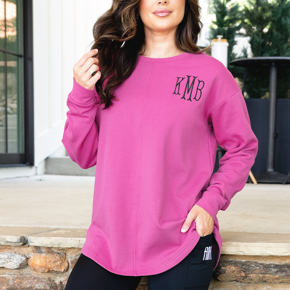 magenta open back sweatshirt on peyton