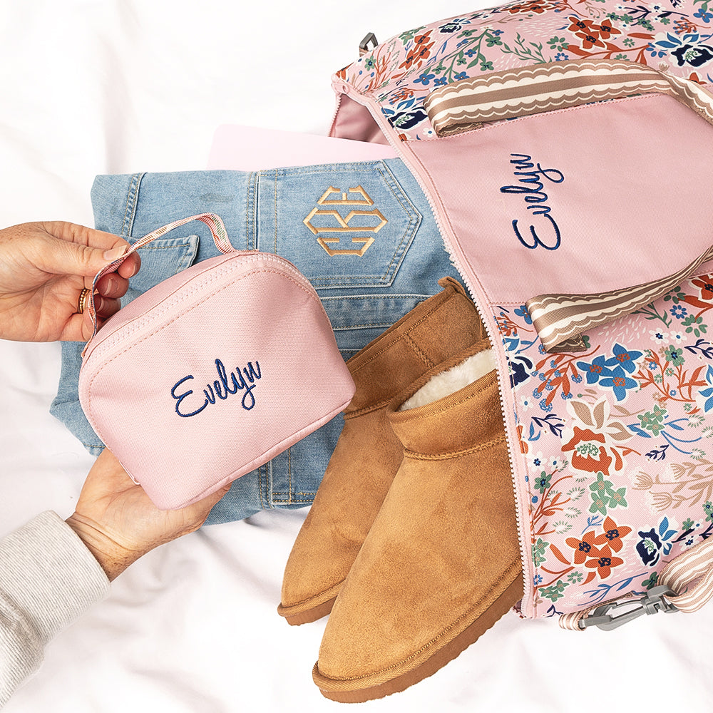 autumn whimsy monogrammed weekend bag and make up bags packed