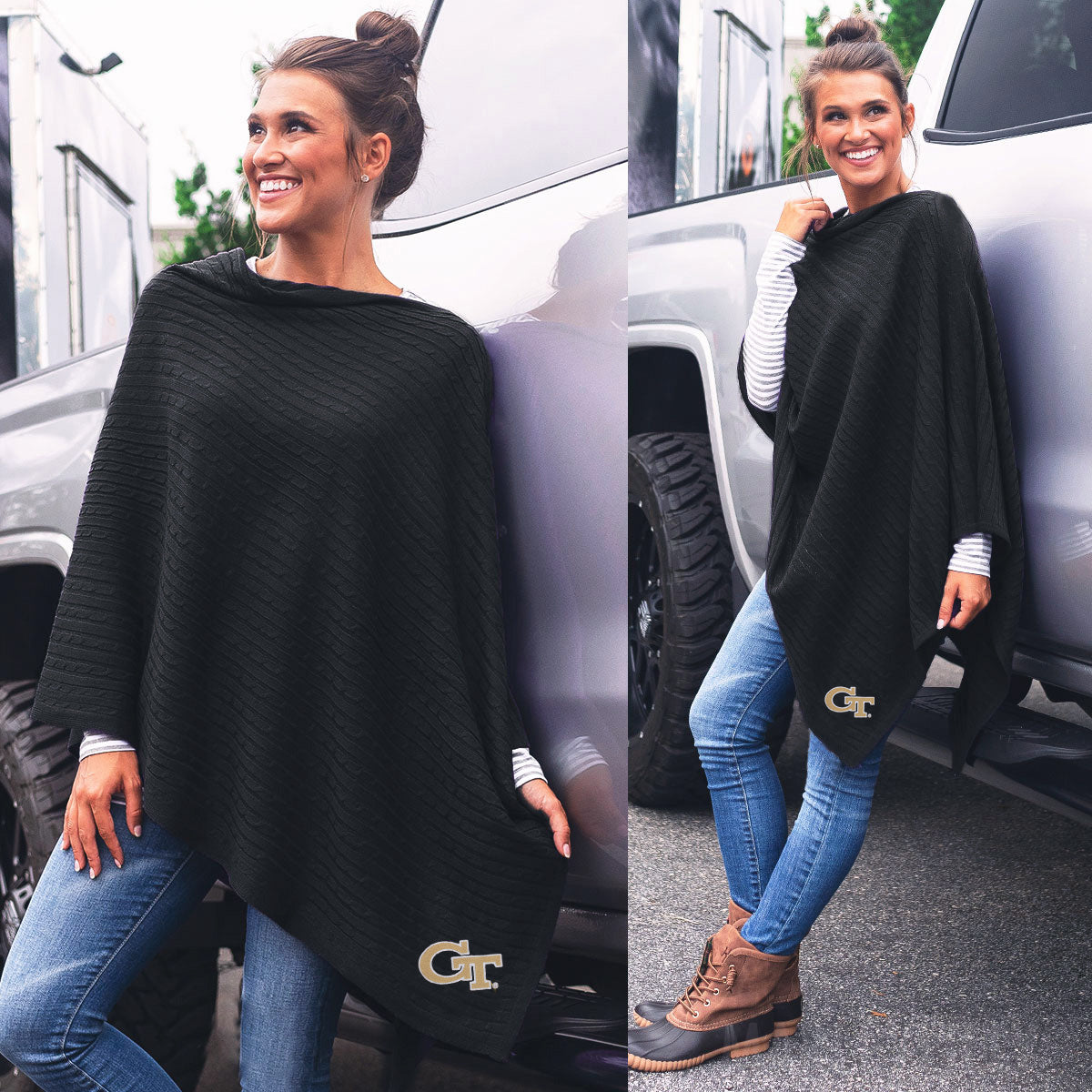 black ga tech poncho on girl at tailgate