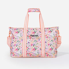 monogrammed kids weekend bag in coral floral with name monogram