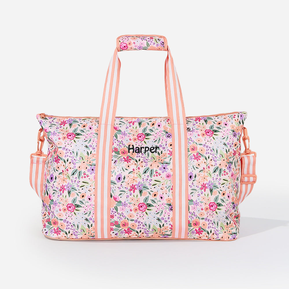 monogrammed kids weekend bag in coral floral with name monogram