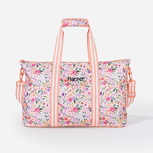 monogrammed kids weekend bag in coral floral with name monogram