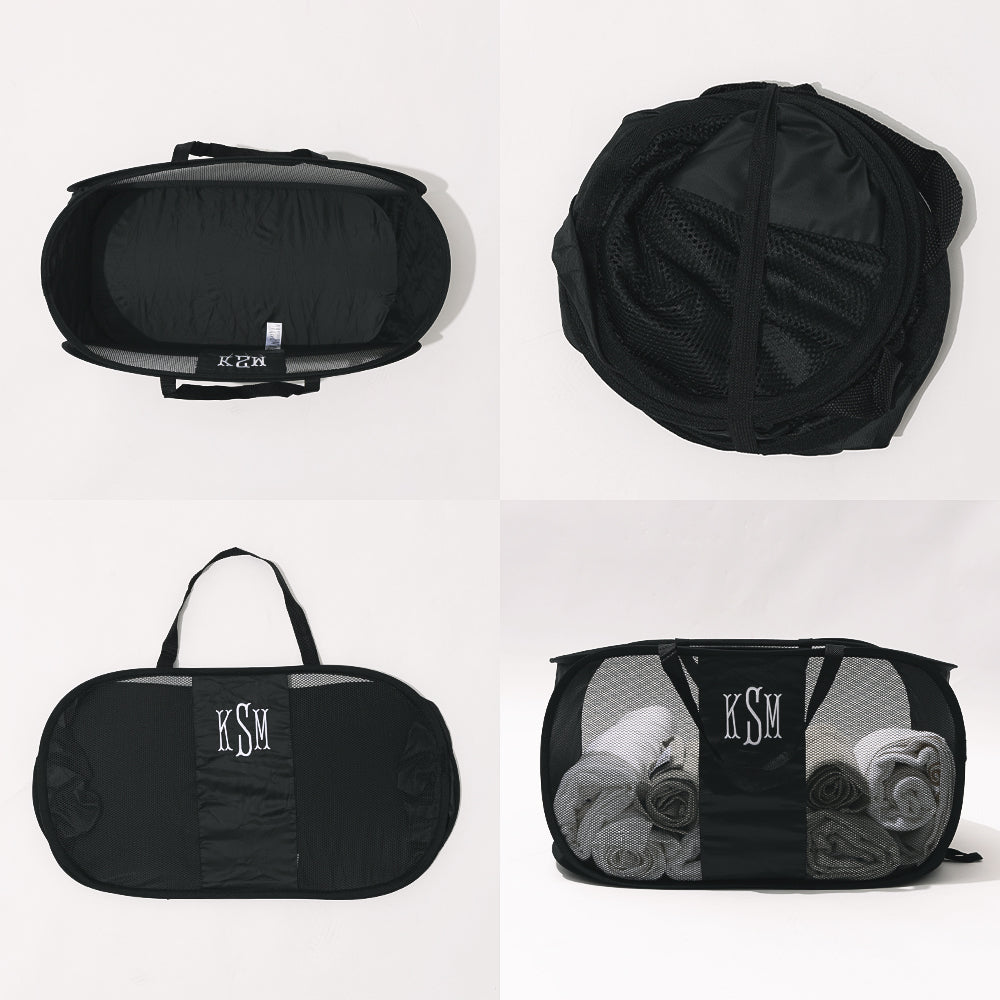 grid of monogrammed black popup hamer open closed front and inside