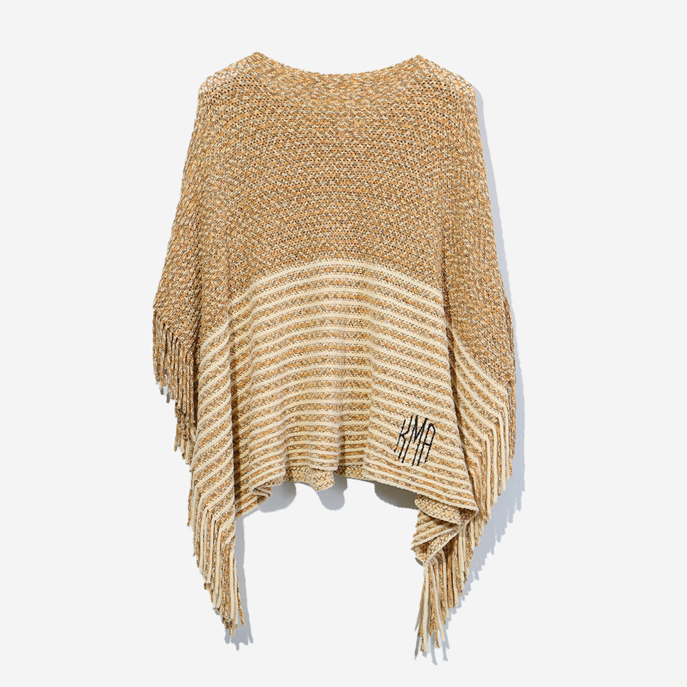 Monogrammed Striped Chenille Poncho in Tan