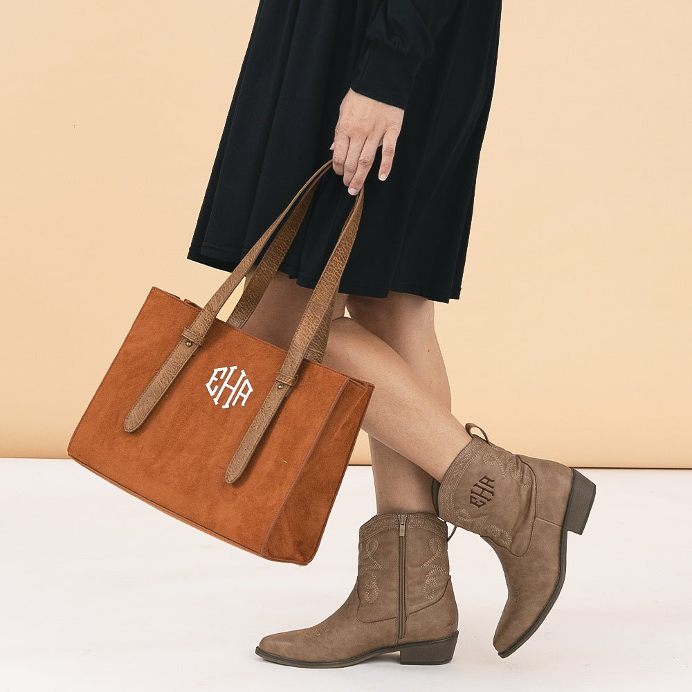 personalized suede purse in hands octagonal