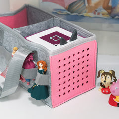 side of pink monogrammed kids toy box