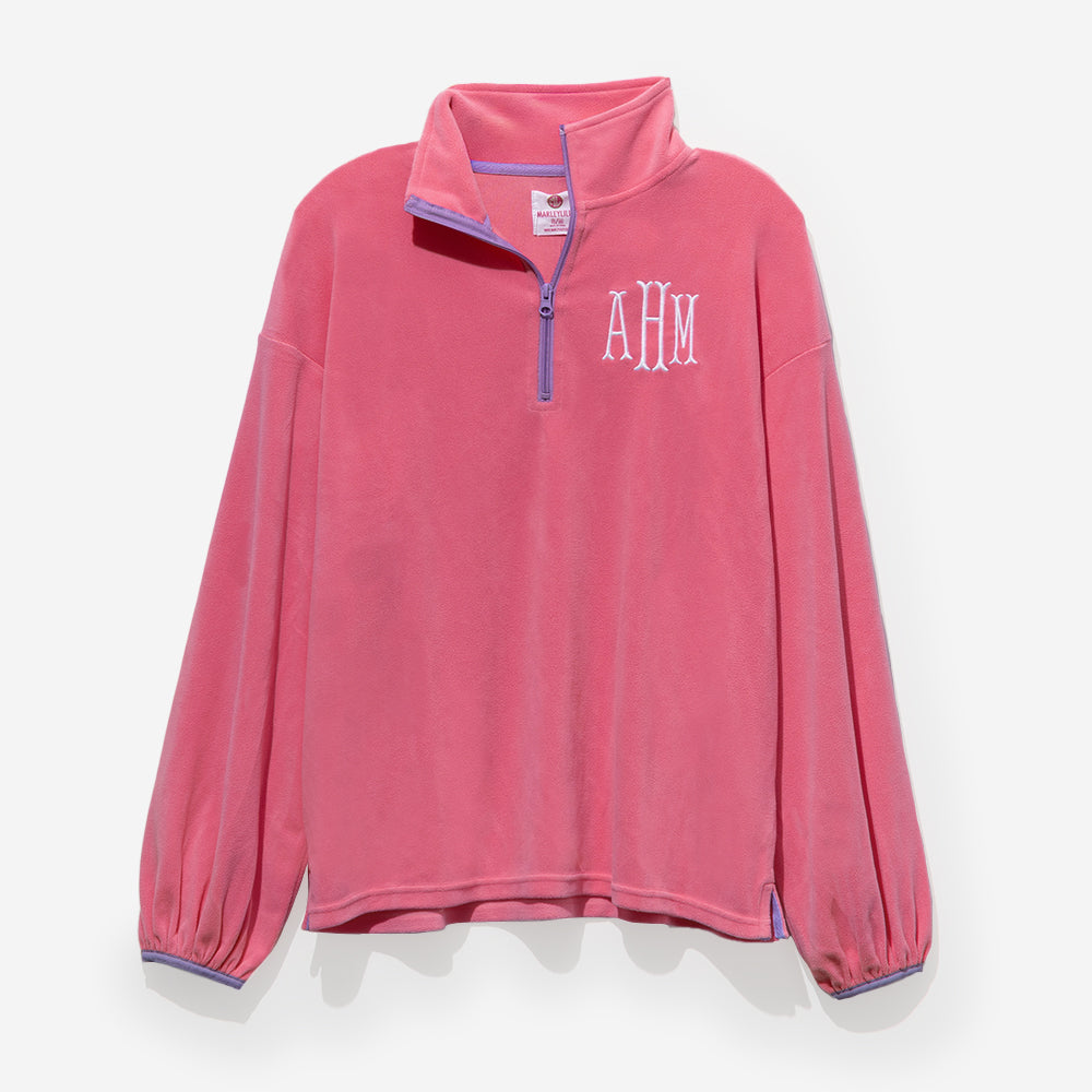 monogrammed puff sleeve fleece pullover in pink