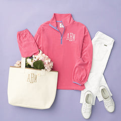personalized puff sleeve fleece pullover in pink outfit