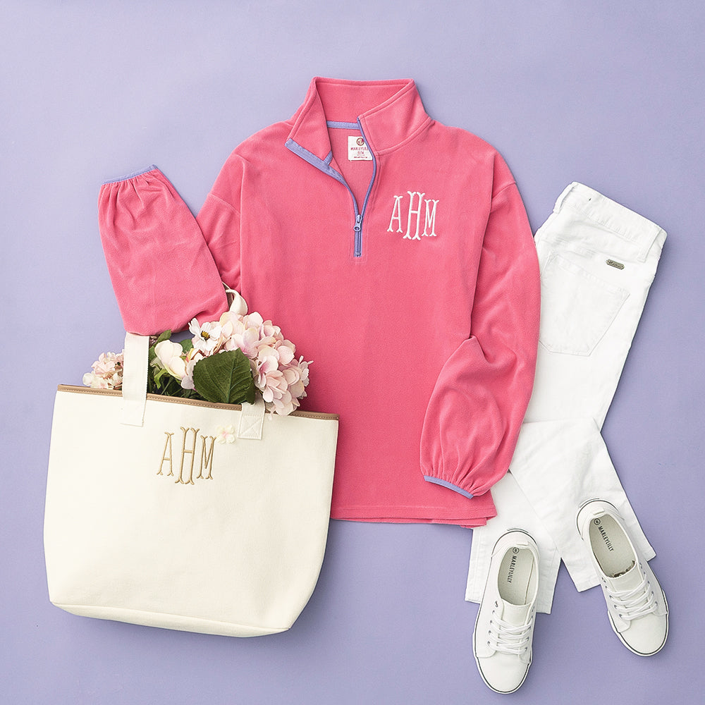 personalized puff sleeve fleece pullover in pink outfit