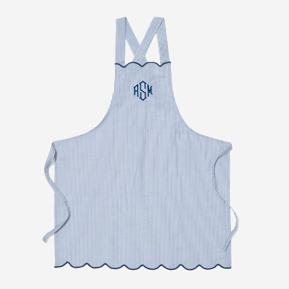 Monogrammed Scalloped Apron in Navy Seersucker