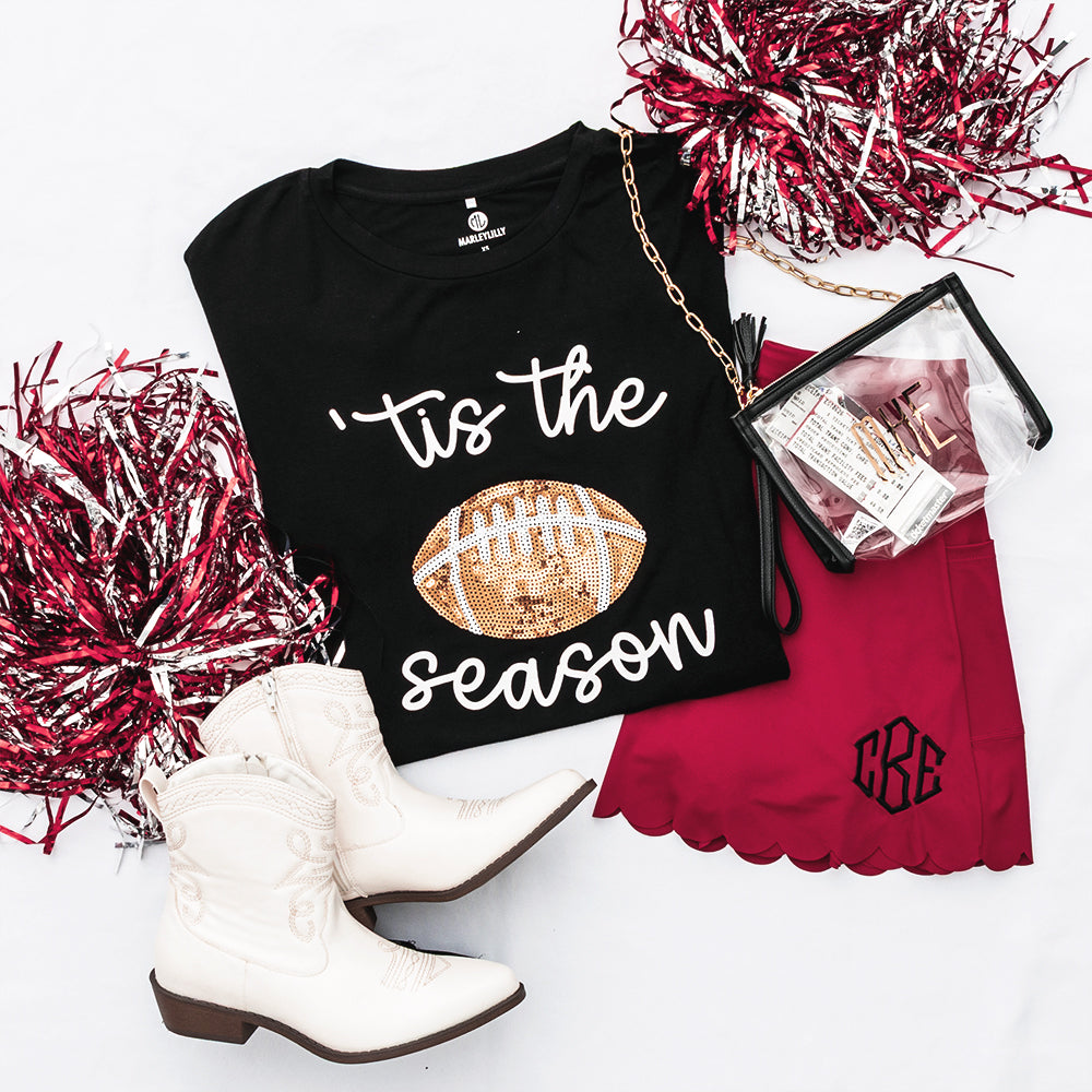 crimson skort flatlay with sequin sports tee