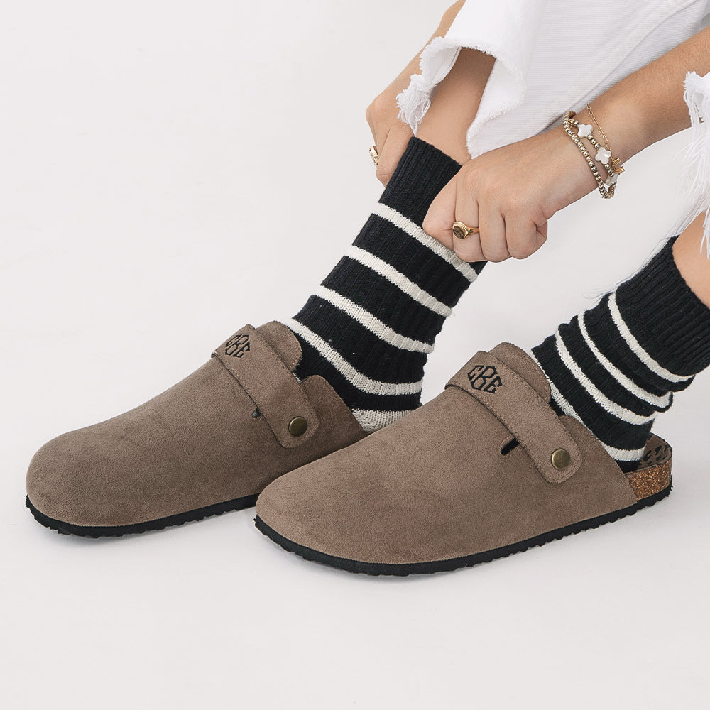 monogrammed mocha clogs with high top socks