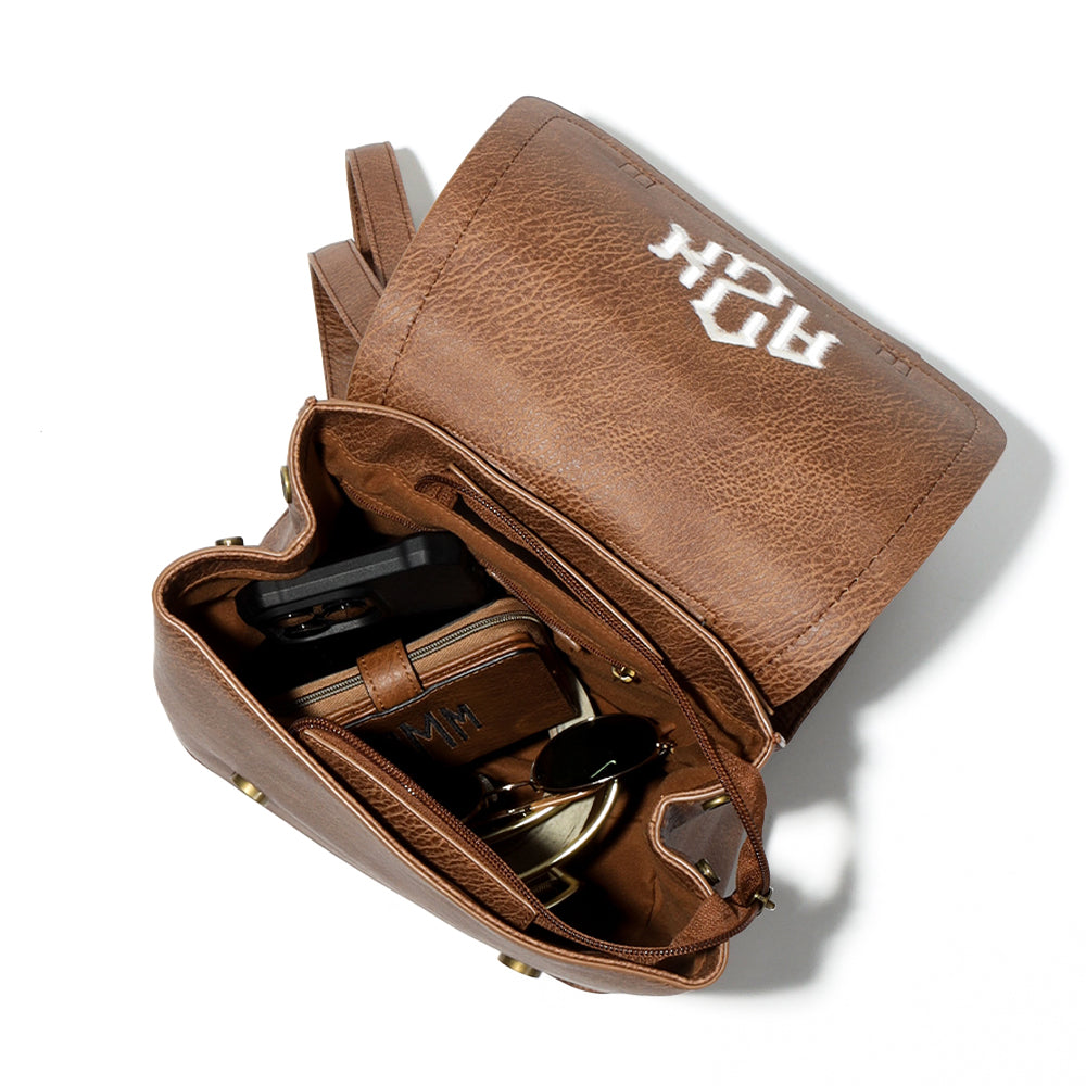 inside view of backpack purse in brown