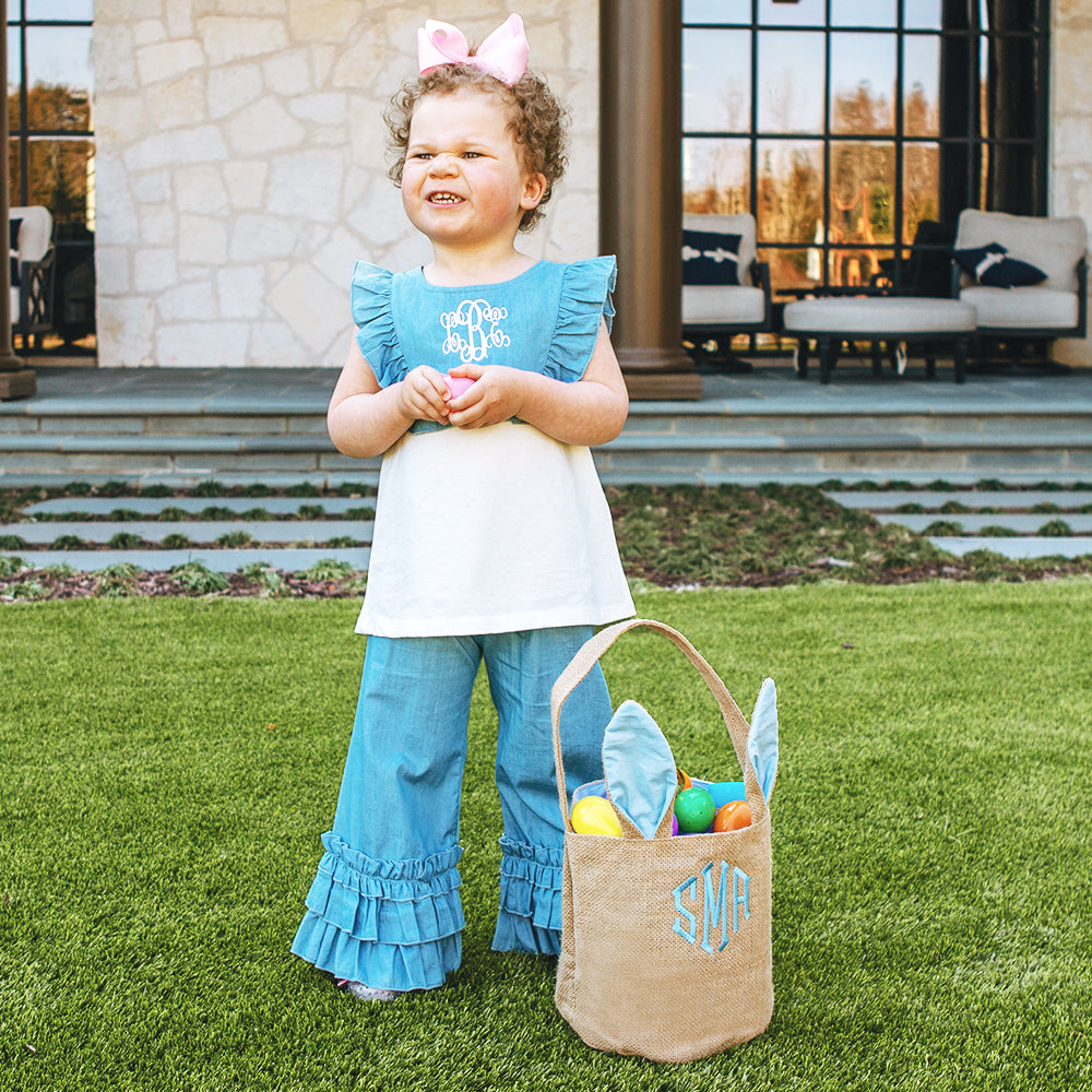 blue kids monogrammed bunny ear basket