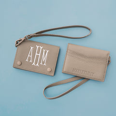 front and back Monogrammed card holder wristlet flatlay empty