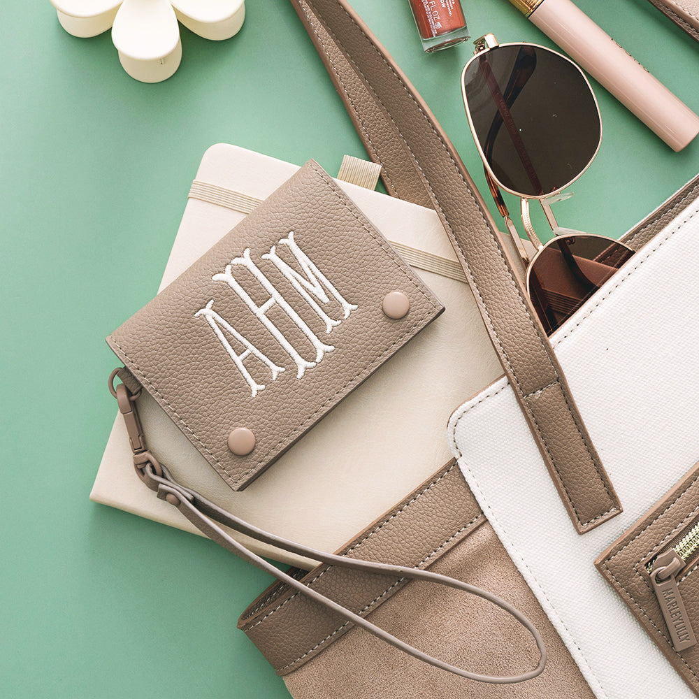 taupe card wristlet holder with colorblock tote