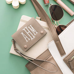 taupe card wristlet holder with colorblock tote